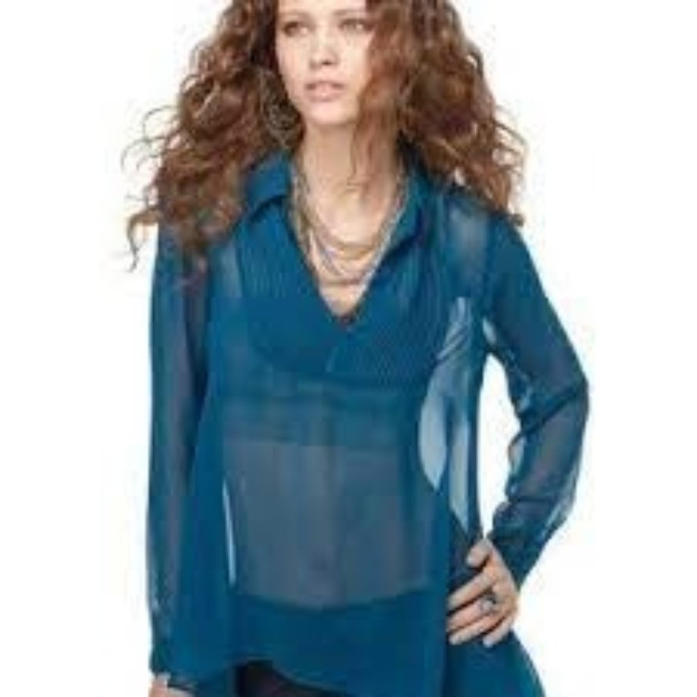 Free People Sheer Tuxedo Pleated Turquoise Tunic M
